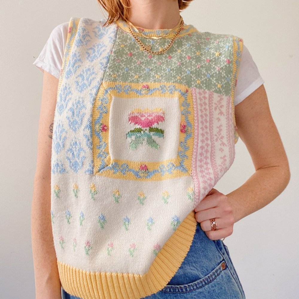 Vintage Hand-Embroidered Funky Floral Sweater Vest - Picture 4 of 8